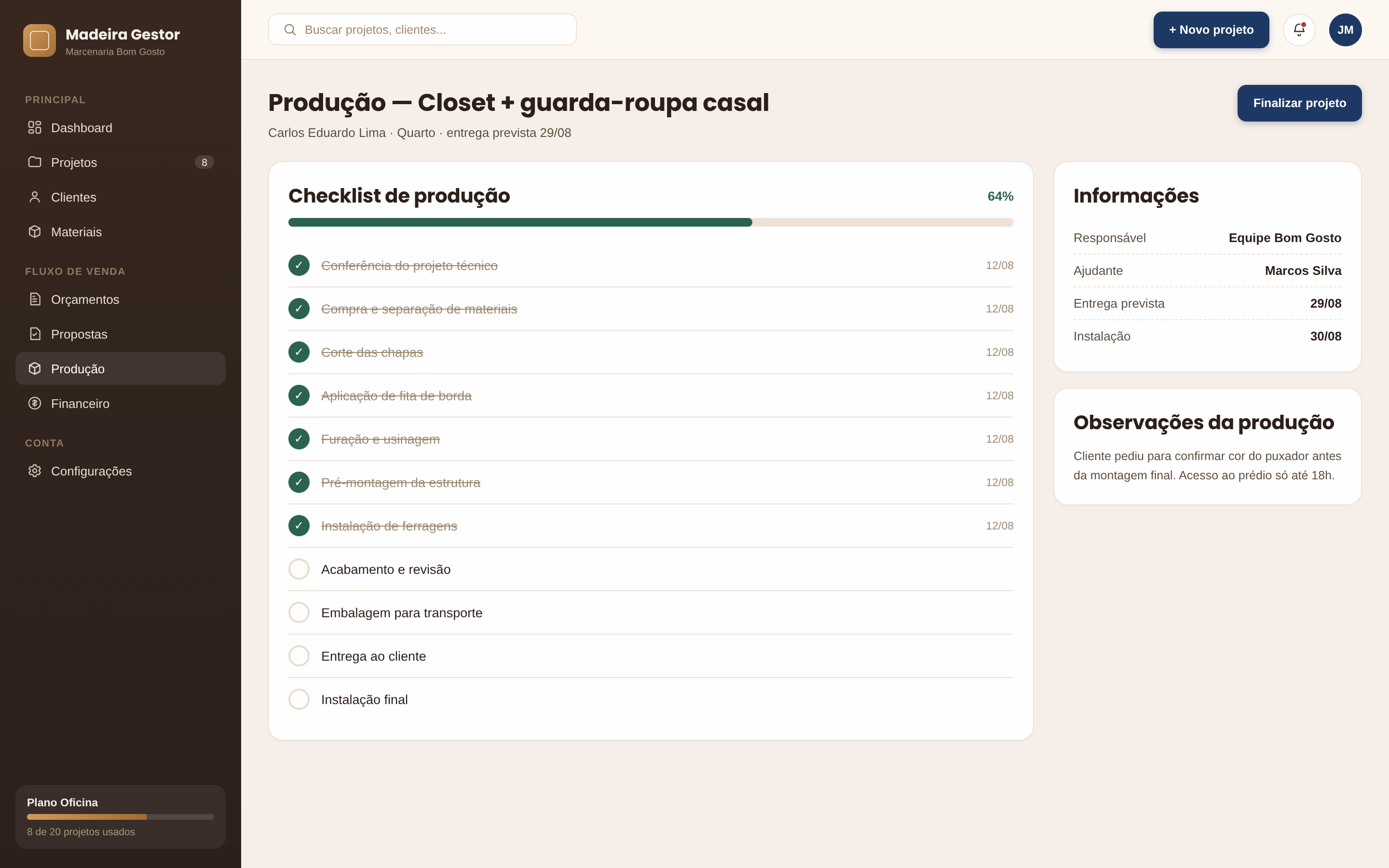 Checklist de produção do MadeiraGestor com as etapas do móvel